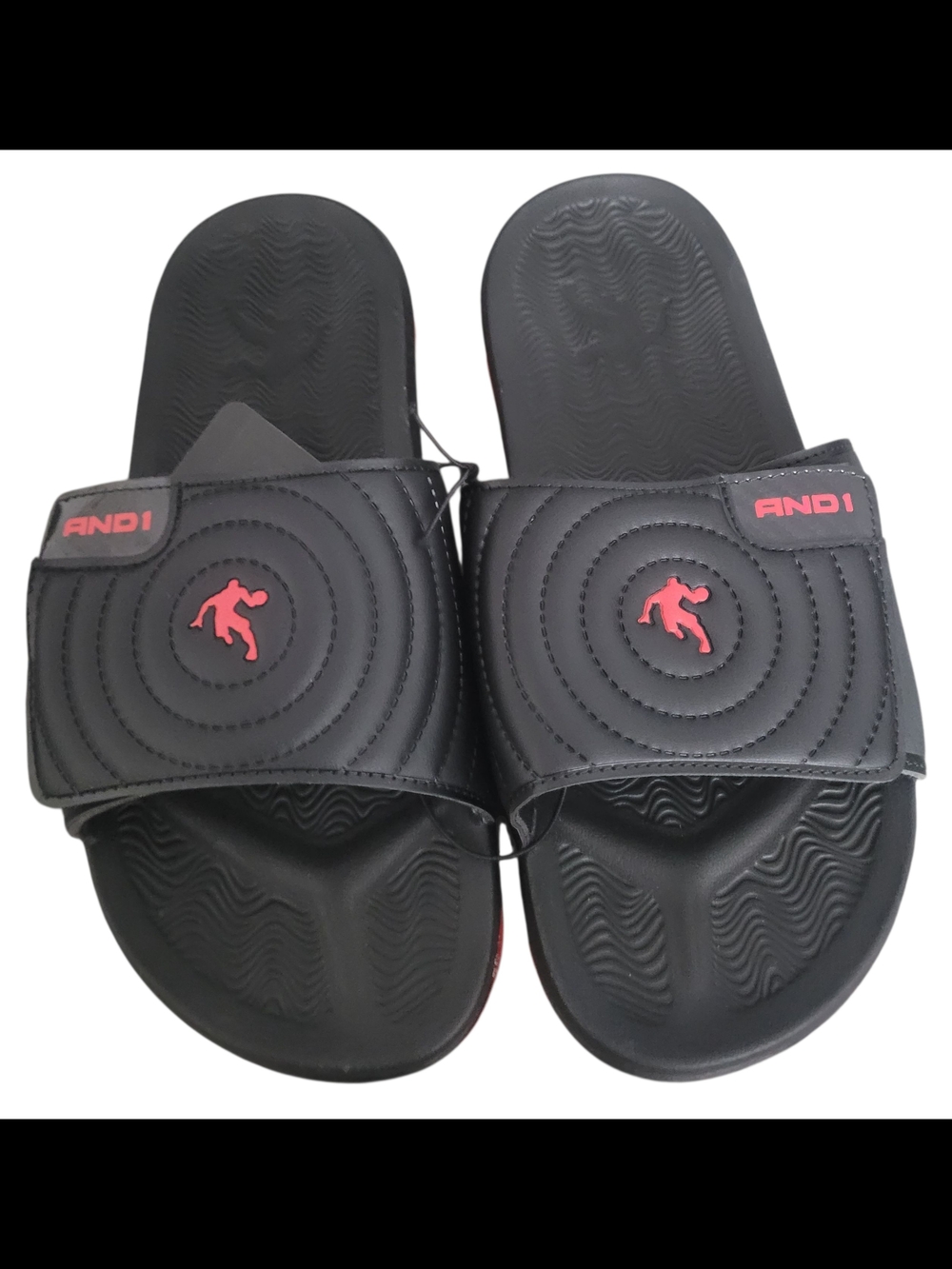 AND1 Men's Athletic Adjustable Swirl Slide Sandals in Black Size 10 NWT Red